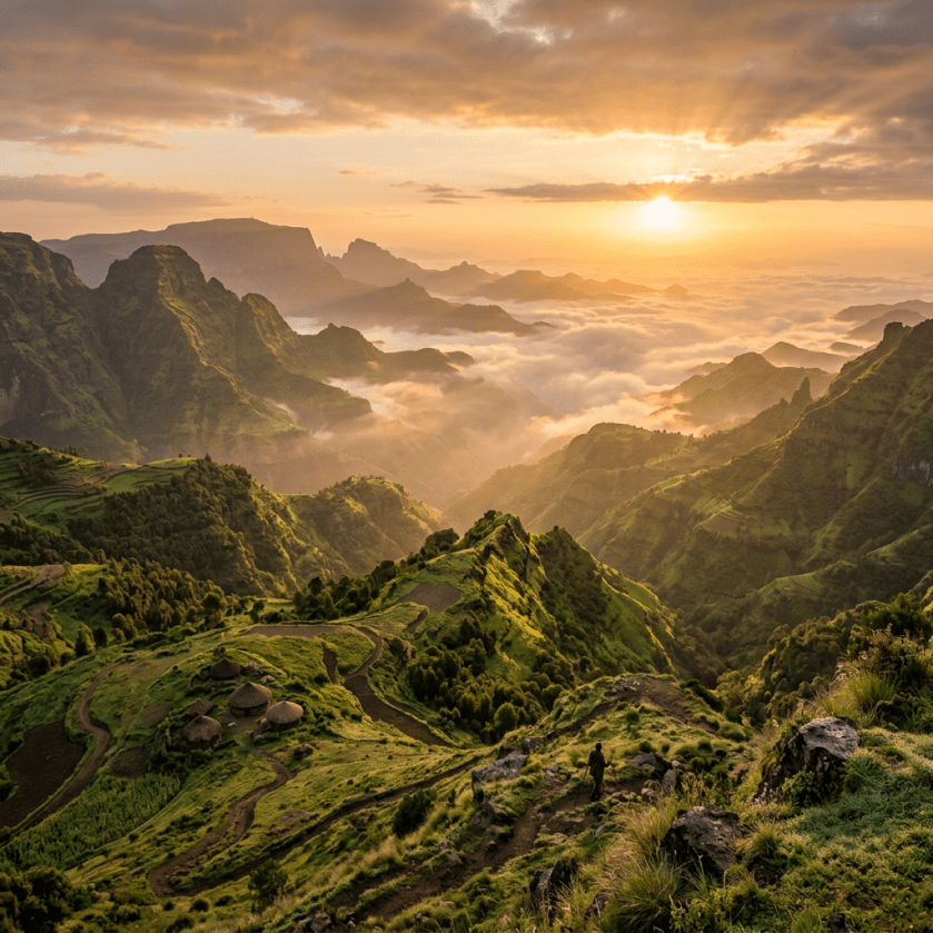 Sunrise over green mountainous valley with mist and terraced fields