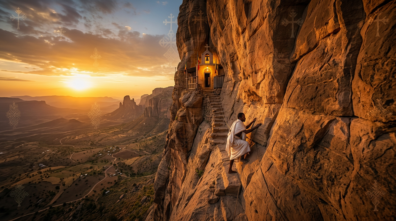 Climber ascending toward a small cliffside chapel above a sunset valley